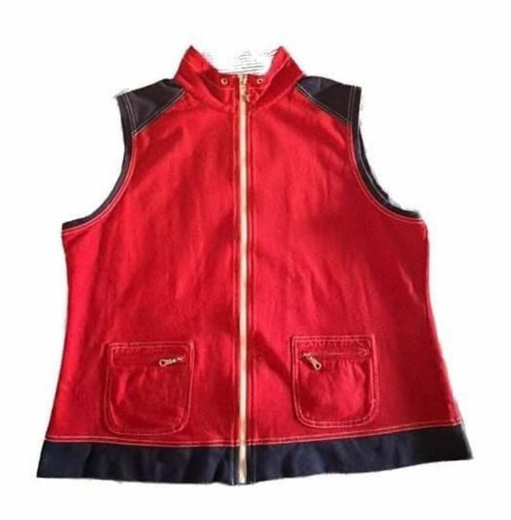 Drapers & Damon's Red and Navy Blue Full Zip Sleeveless Vest with Striped Collar